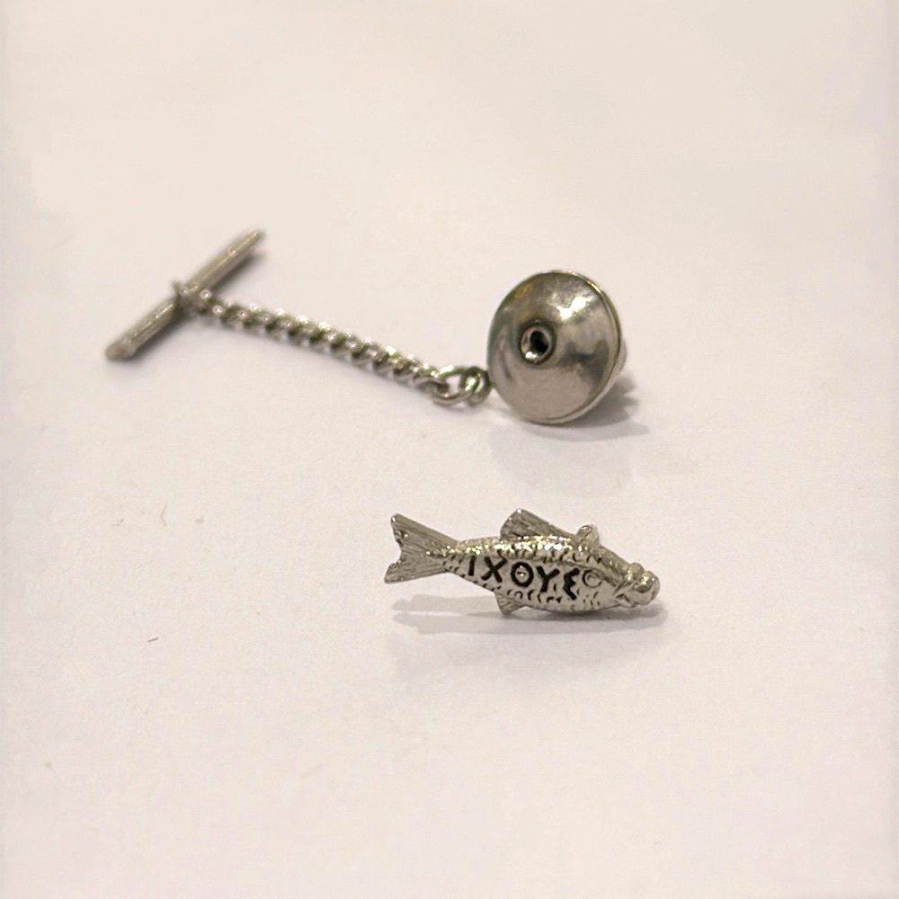 Vintage Silver/tone Christian Tie Tack / Lapel Pin w Greek Letters